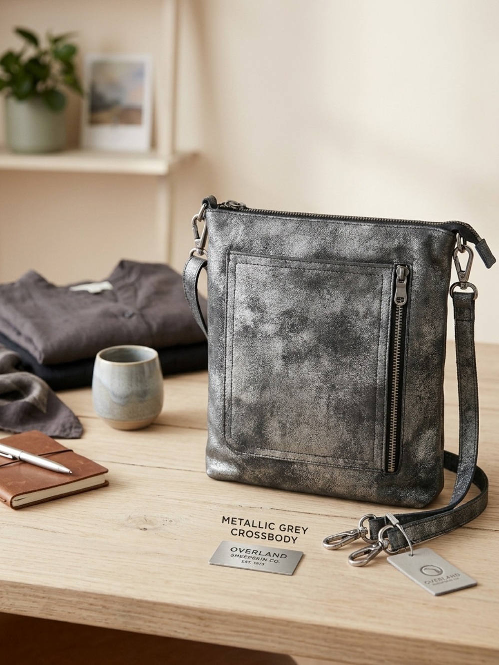 Overland Sheepskin Co Metallic Grey Crossbody Purse